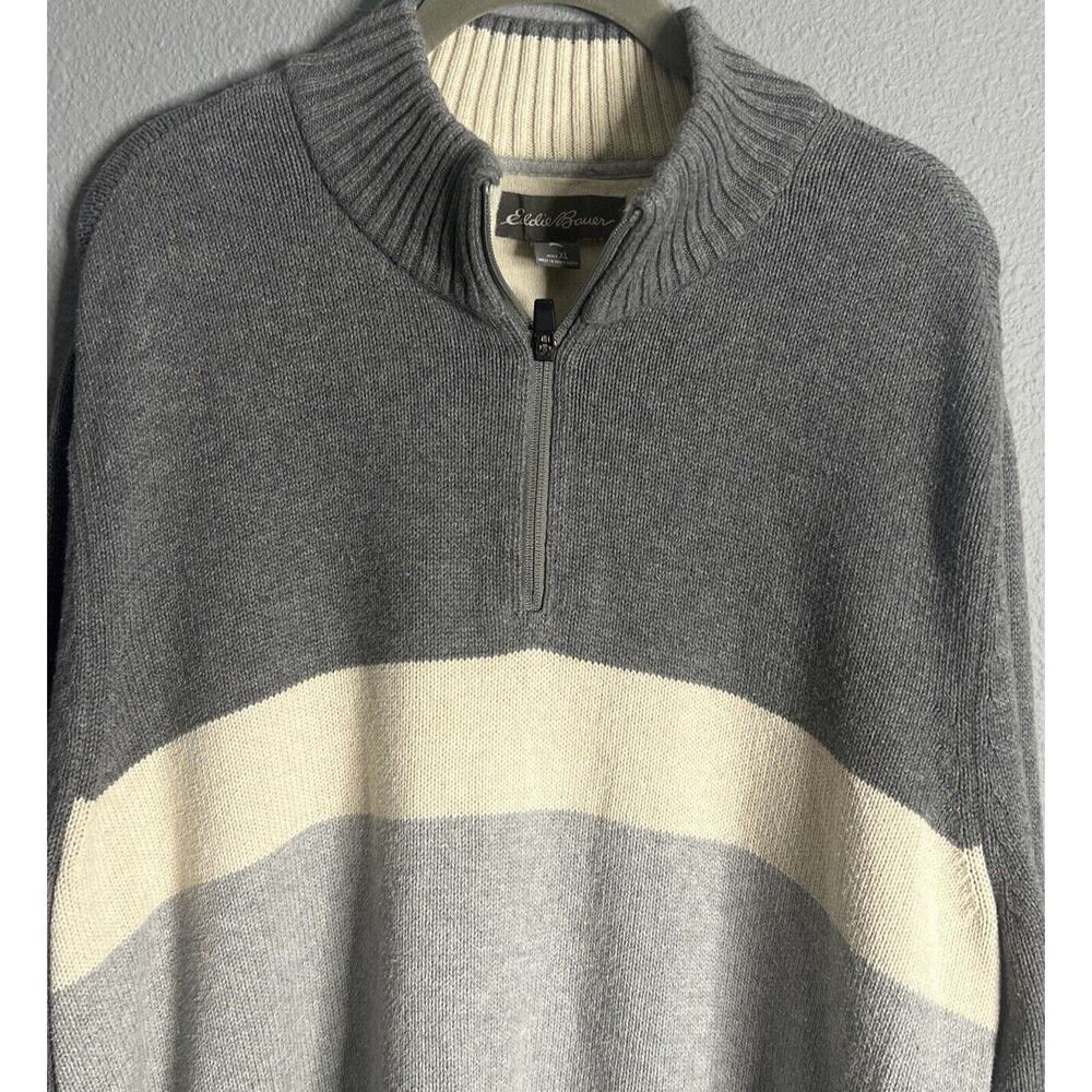 Eddie Bauer Striped Mens Sweater XL Gray Ivory 1/4 Zip Mock Neck Pullover Dad